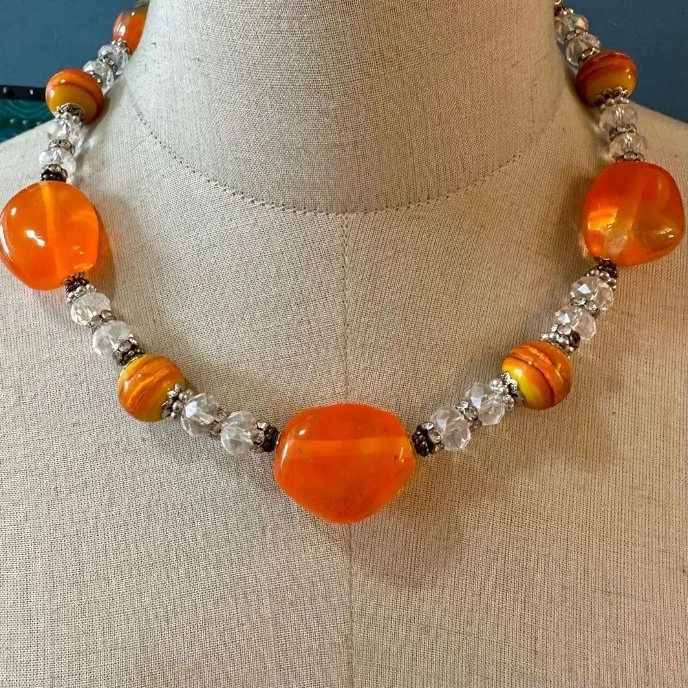 Orange and silver tone chunky necklace